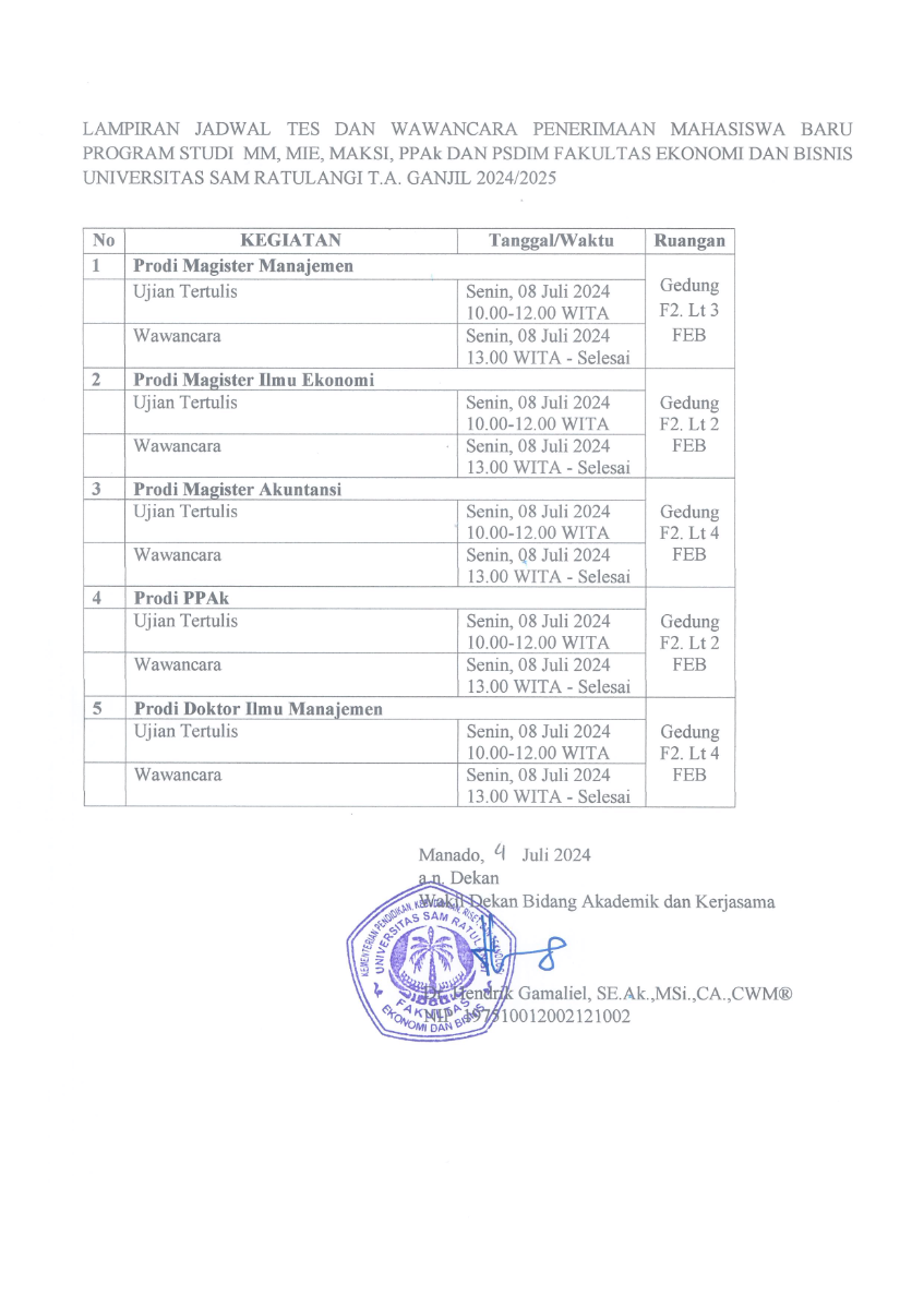 Jadwal Tes dan Wawancara Penerimaan Mahasiswa Baru Pascasarjana Fakultas Ekonomi dan Bisnis Tahun Akademik 2024/2025